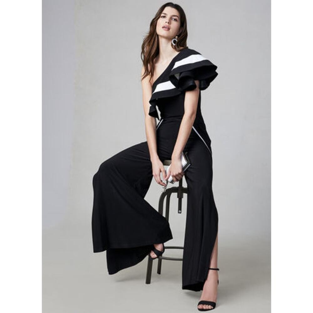 Frank Lyman Jumpsuit Wide Leg One Shoulder Ruffle Black White Size 6 Prom Formal - Picture 2 of 8